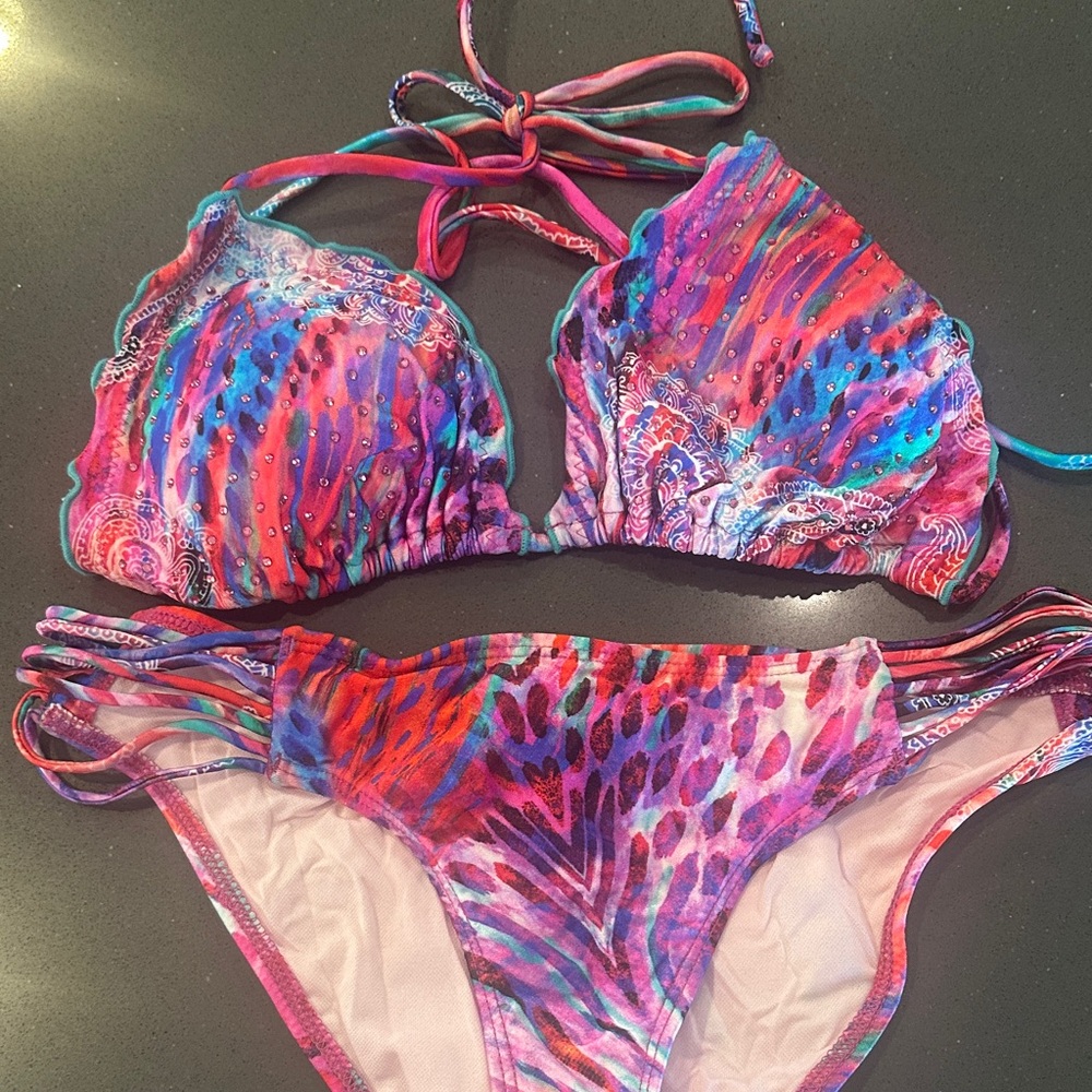 Luli Fama Multicolor Paisley & animal Print Bikini-Red, Pink, Purple,Blue,white